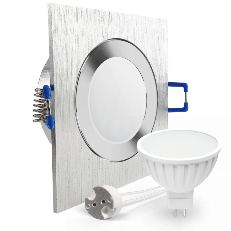 LED Einbaustrahler Spot Feuchtraum IP44 Alu geschliffen eckig Glas Lochmaß Ø 60mm - 85mm GU5.3 MR16 12V