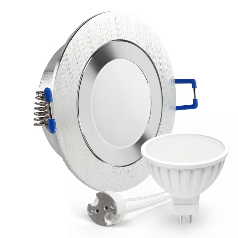 LED Einbaustrahler Spot Feuchtraum IP44 Alu geschliffen rund Glas Lochmaß Ø 60mm - 75mm GU5.3 MR16 12V