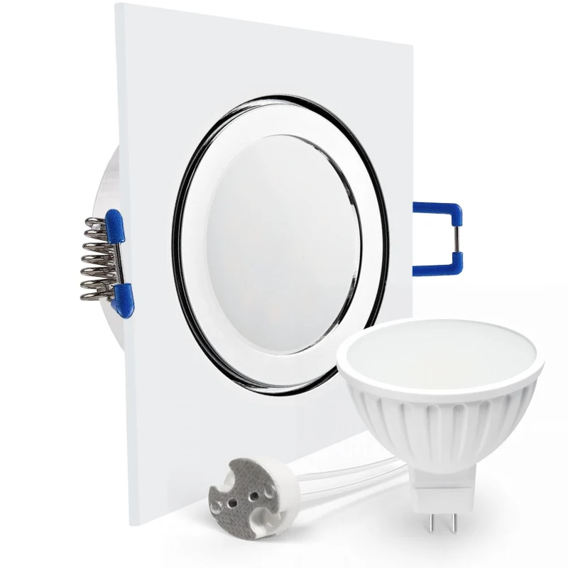 LED Einbaustrahler Spot Feuchtraum IP44 Chrom glänzend eckig Glas Lochmaß Ø 60mm - 85mm GU5.3 MR16 12V