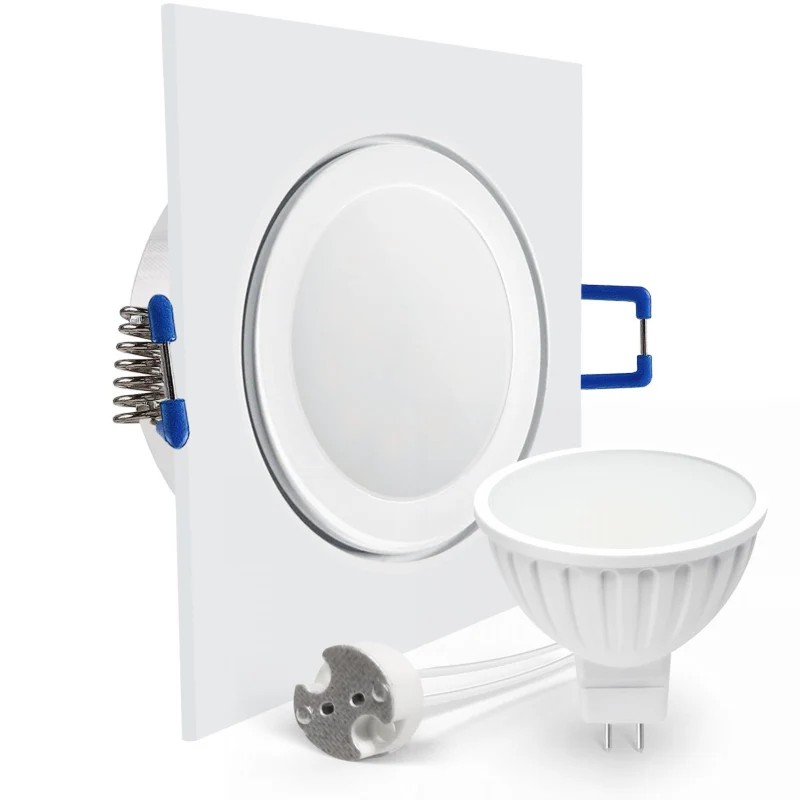 LED Einbaustrahler Spot Feuchtraum IP44 weiß eckig Glas Lochmaß Ø 60mm - 85mm GU5.3 MR16 12V
