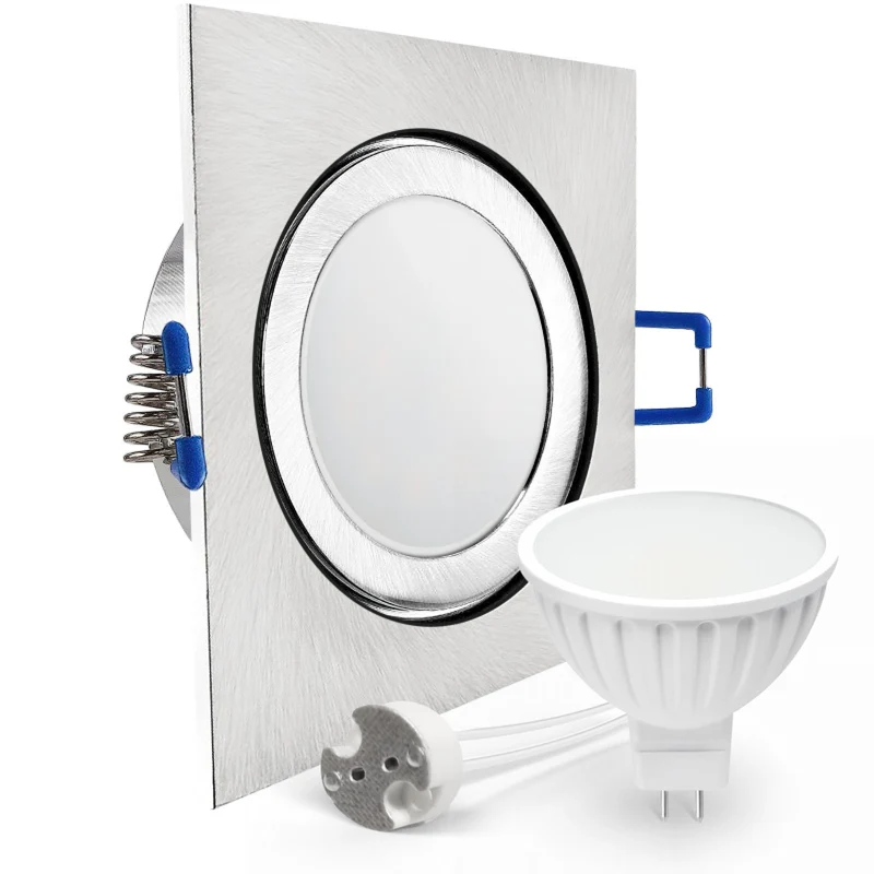 LED Einbaustrahler Spot Feuchtraum IP44 Edelstahl gebürstet eckig Glas Lochmaß Ø 60mm - 85mm GU5.3 MR16 12V