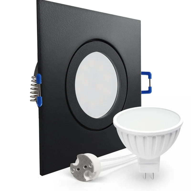 LED Einbaustrahler Spot Feuchtraum IP44 schwarz eckig Glas Lochmaß Ø 60mm - 85mm GU5.3 MR16 12V
