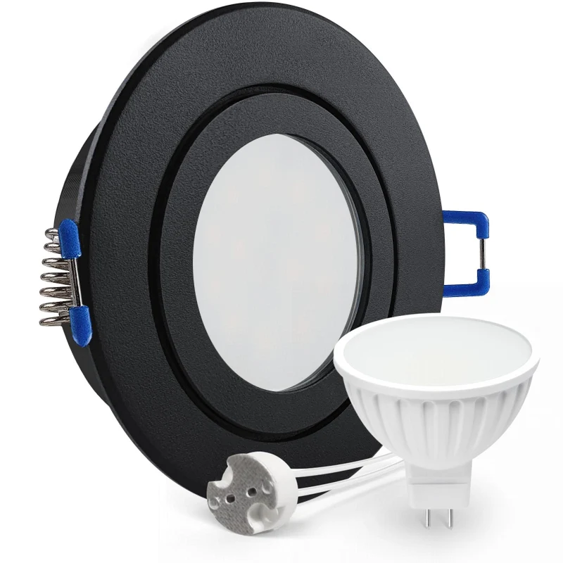 LED Einbaustrahler Spot Feuchtraum IP44 schwarz rund Glas Lochmaß Ø 60mm - 75mm GU5.3 MR16 12V