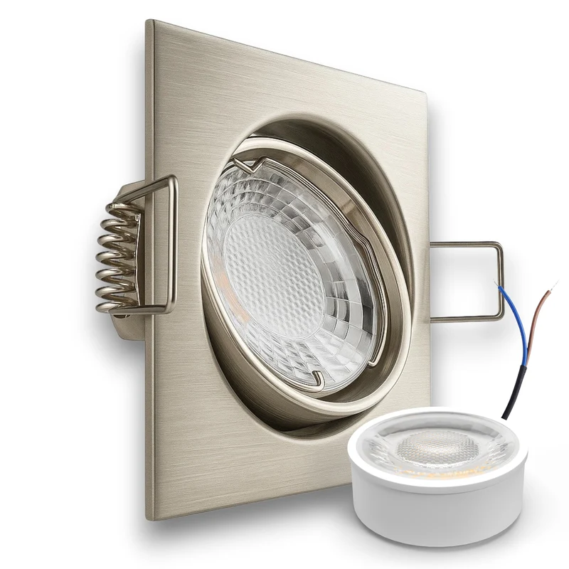 LED Einbaustrahler Spot Edelstahl gebürstet eckig 30° schwenkbar Lochmaß Ø 68mm - 78mm geringe Einbautiefe flach 230V